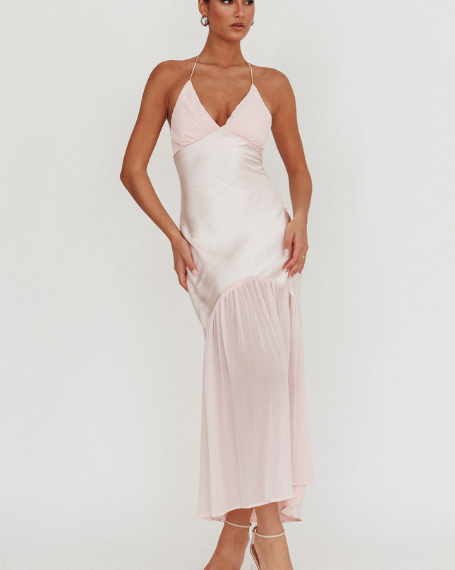 Pink Chiffon Hem Halter Maxi Dress