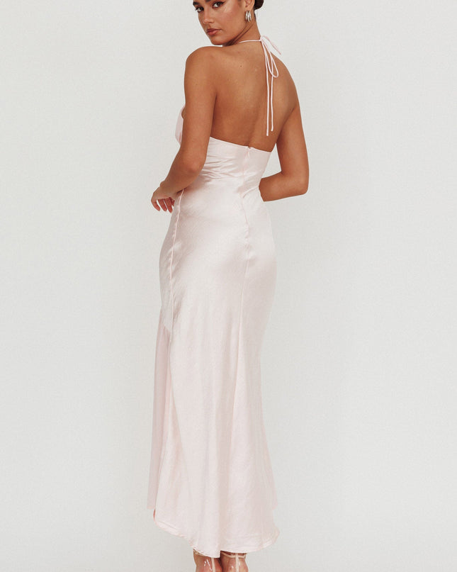 Pink Chiffon Hem Halter Maxi Dress