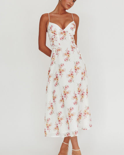Floral Lace-Up Waist Midi Dress