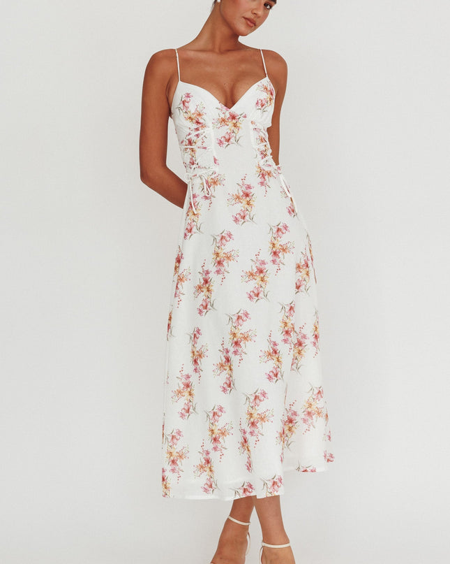 Floral Lace-Up Waist Midi Dress