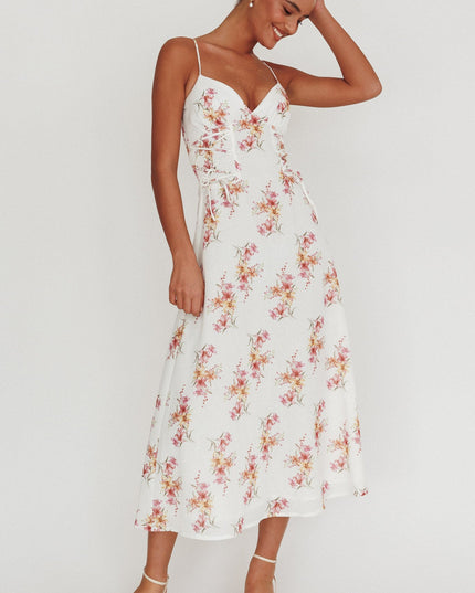 Floral Lace-Up Waist Midi Dress