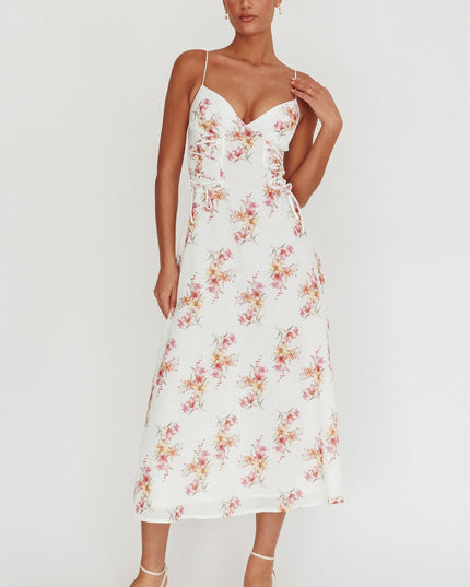 Floral Lace-Up Waist Midi Dress