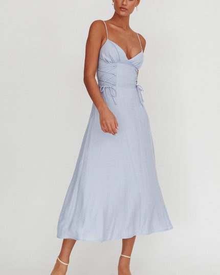 Light Blue Lace-Up Waist Midi Dress