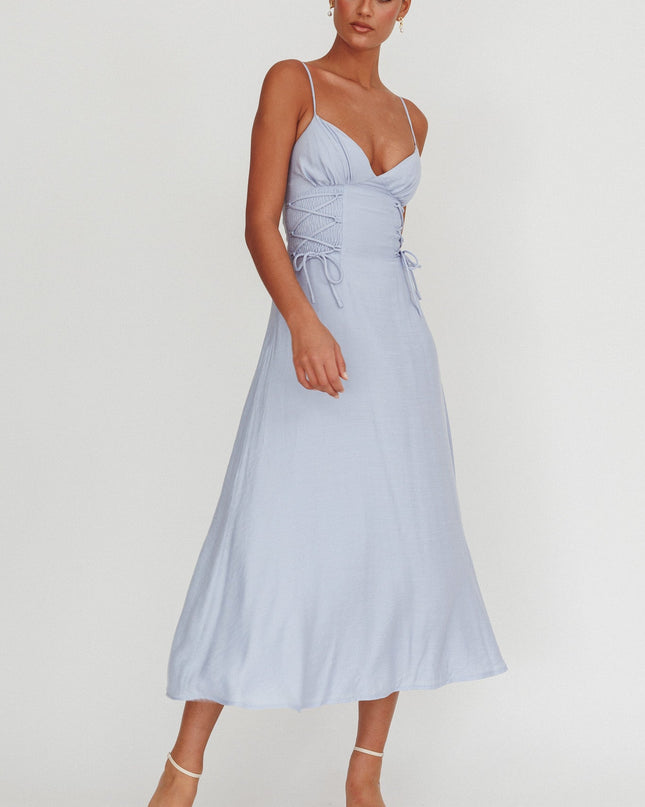 Light Blue Lace-Up Waist Midi Dress