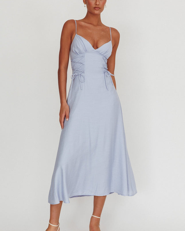 Light Blue Lace-Up Waist Midi Dress