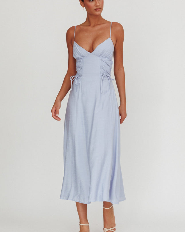 Light Blue Lace-Up Waist Midi Dress