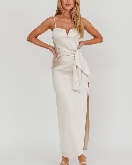 Champagne Waist Tie Satin Maxi Dress Light