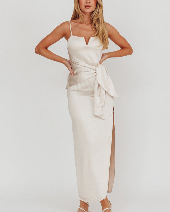 Champagne Waist Tie Satin Maxi Dress Light