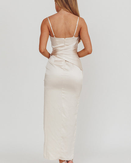 Champagne Waist Tie Satin Maxi Dress Light