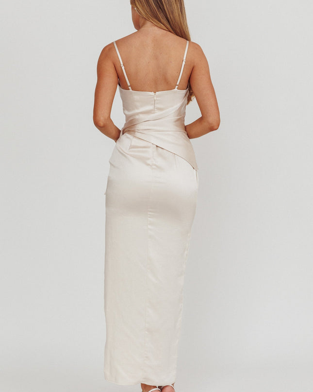 Champagne Waist Tie Satin Maxi Dress Light