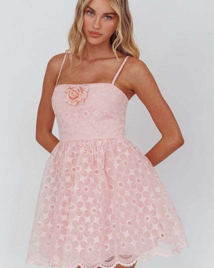Blush A-Line Square Neckline Mini Dress Lace