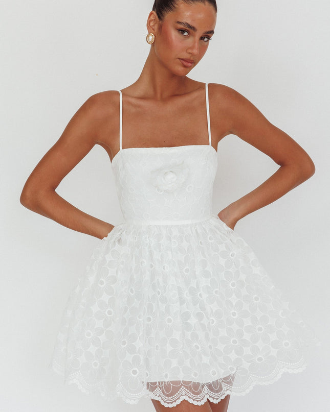 White A-Line Square Neckline Mini Dress Lace