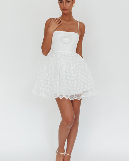 White A-Line Square Neckline Mini Dress Lace