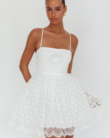 White A-Line Square Neckline Mini Dress Lace