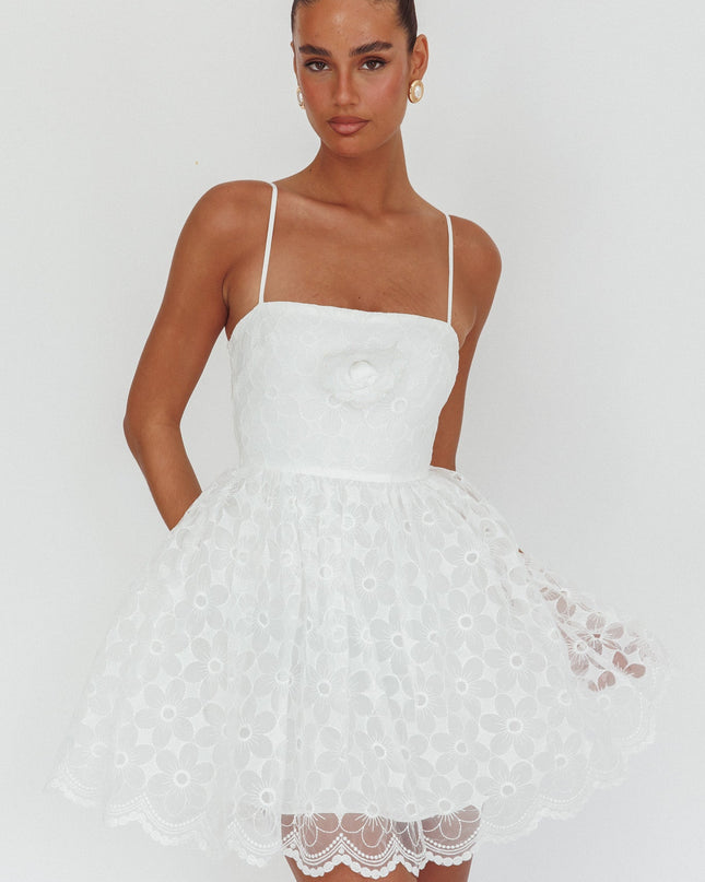 White A-Line Square Neckline Mini Dress Lace
