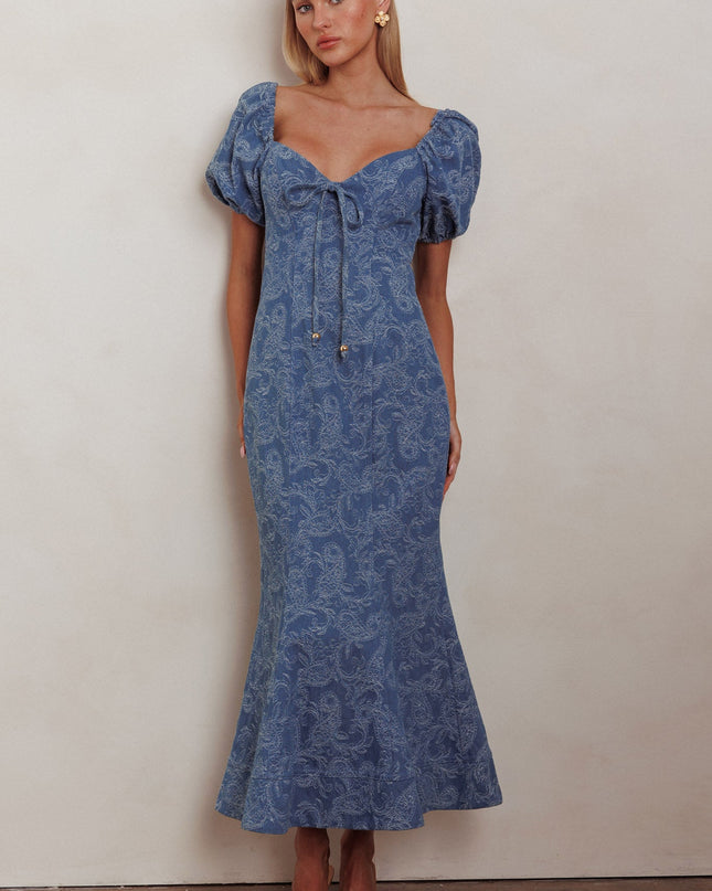 Denim Blue Puff Sleeves Mermaid Maxi Dress