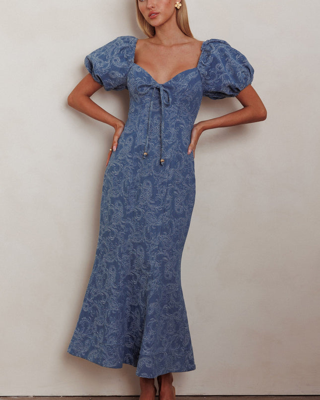 Denim Blue Puff Sleeves Mermaid Maxi Dress