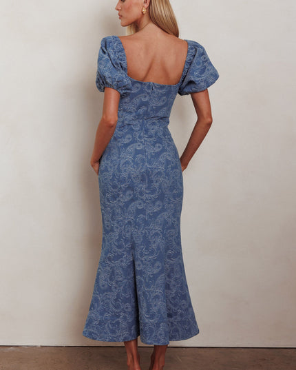 Denim Blue Puff Sleeves Mermaid Maxi Dress