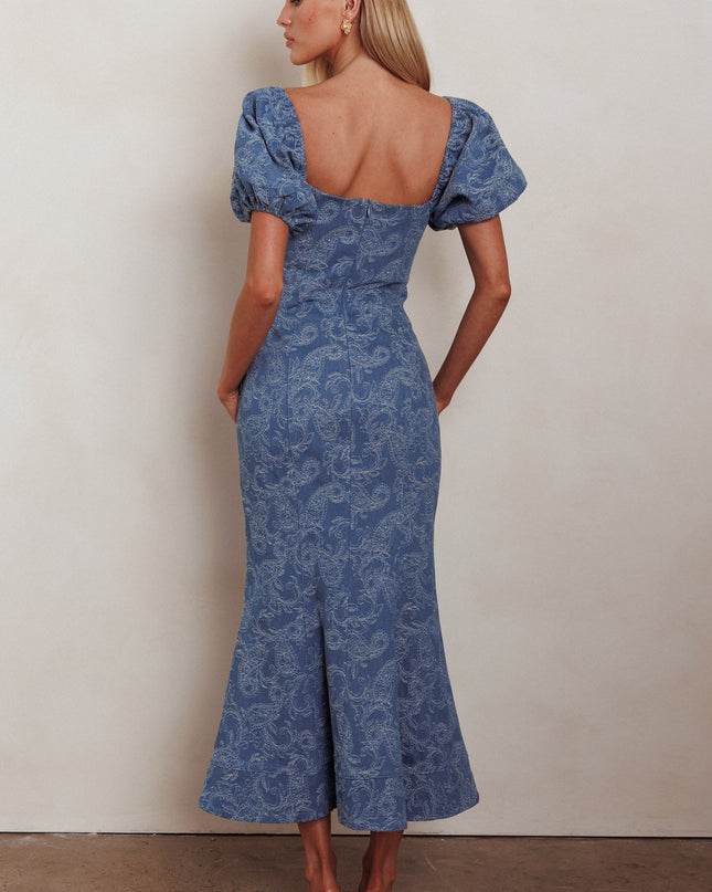 Denim Blue Puff Sleeves Mermaid Maxi Dress
