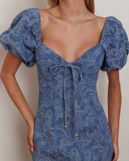 Denim Blue Puff Sleeves Mermaid Maxi Dress