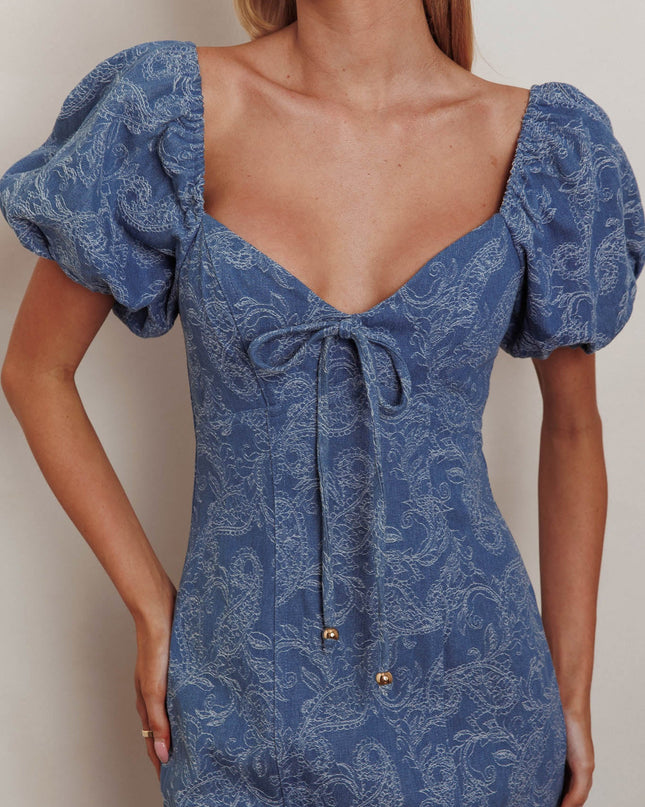 Denim Blue Puff Sleeves Mermaid Maxi Dress