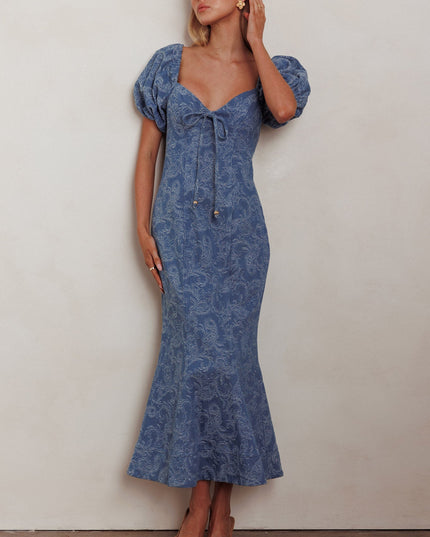 Denim Blue Puff Sleeves Mermaid Maxi Dress