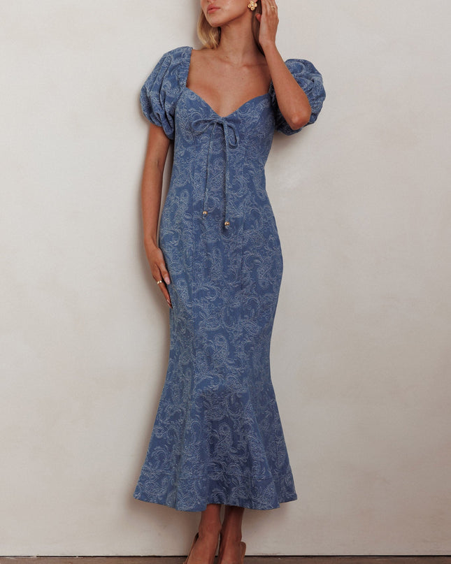 Denim Blue Puff Sleeves Mermaid Maxi Dress
