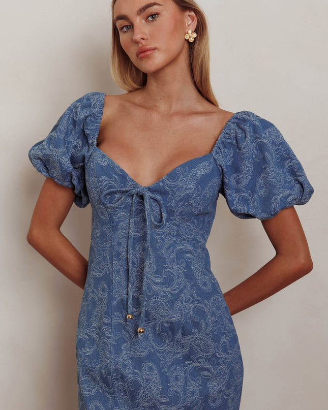 Denim Blue Puff Sleeves Mermaid Maxi Dress