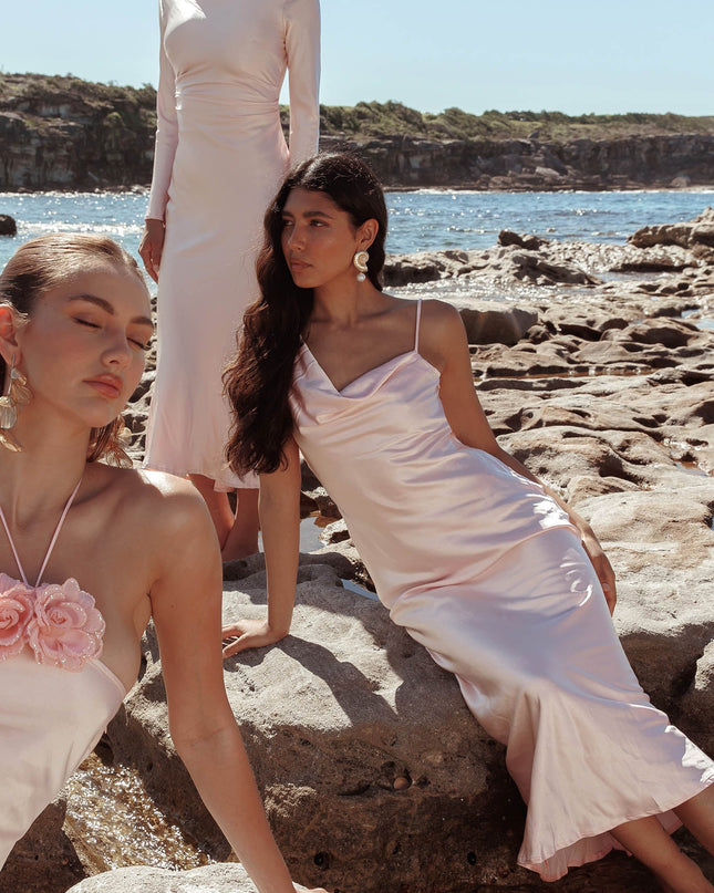 Baby Pink Cowl Back Satin Maxi Dress