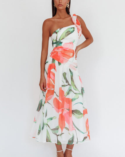 Red One-Shoulder Ruffle Maxi Dress Floral