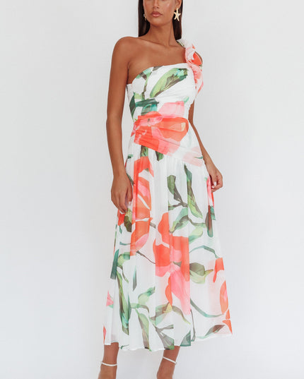 Red One-Shoulder Ruffle Maxi Dress Floral