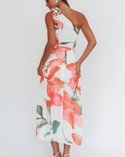 Red One-Shoulder Ruffle Maxi Dress Floral