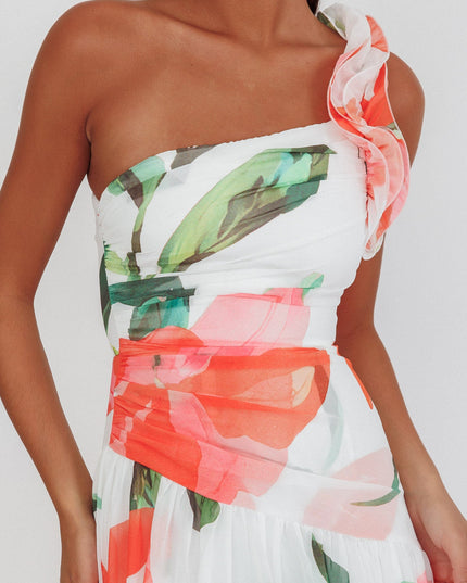 Red One-Shoulder Ruffle Maxi Dress Floral