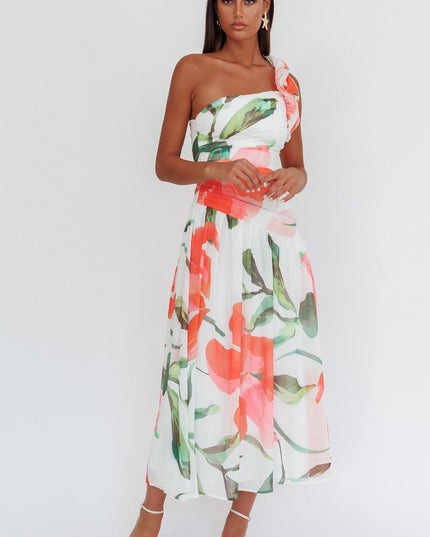 Red One-Shoulder Ruffle Maxi Dress Floral