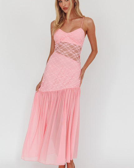 Pink Sheer Hem Lace Maxi Dress