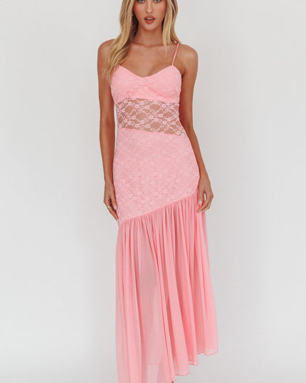 Pink Sheer Hem Lace Maxi Dress