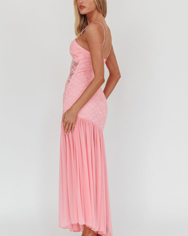 Pink Sheer Hem Lace Maxi Dress