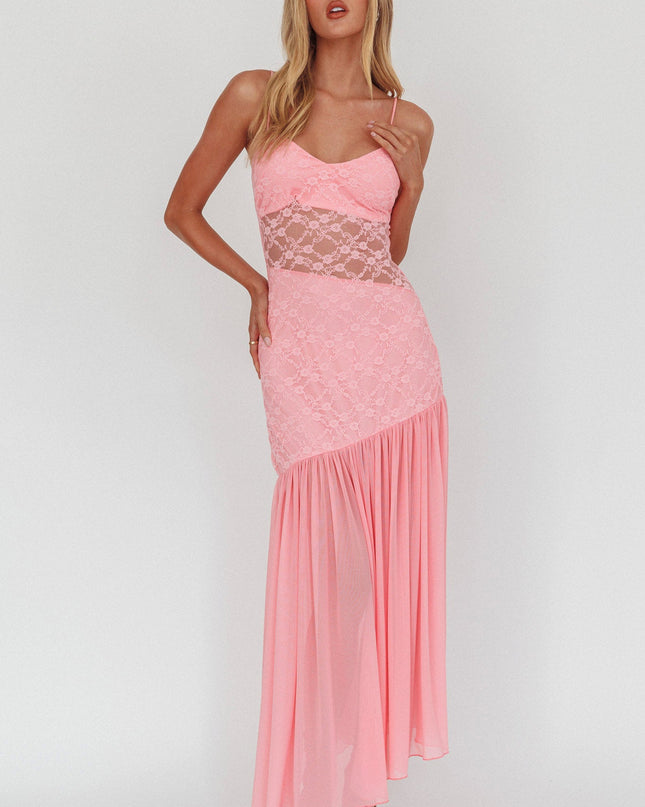 Pink Sheer Hem Lace Maxi Dress