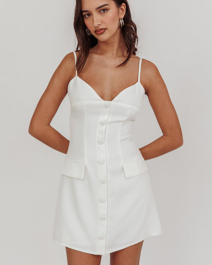 White Front Button Mini Dress