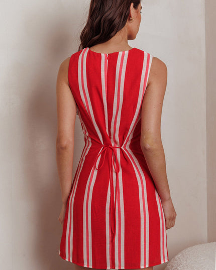 Red Faux Placket Mini Dress Stripe
