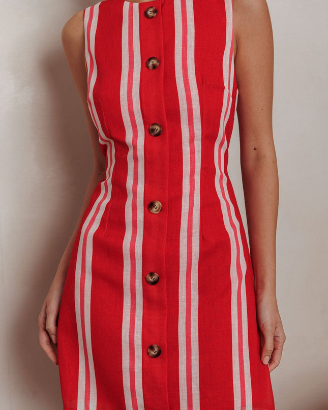 Red Faux Placket Mini Dress Stripe