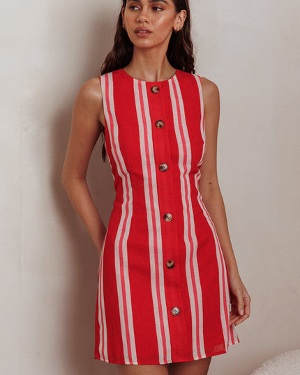 Red Faux Placket Mini Dress Stripe