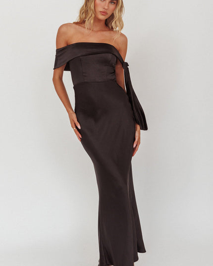 Black Sky Off-Shoulder Tie Maxi Dress Satin