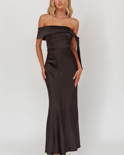 Black Sky Off-Shoulder Tie Maxi Dress Satin