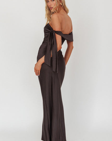 Black Sky Off-Shoulder Tie Maxi Dress Satin