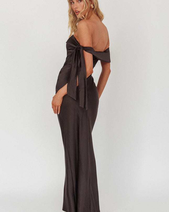Black Sky Off-Shoulder Tie Maxi Dress Satin