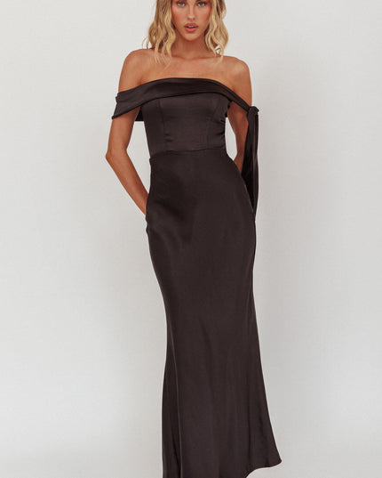 Black Sky Off-Shoulder Tie Maxi Dress Satin