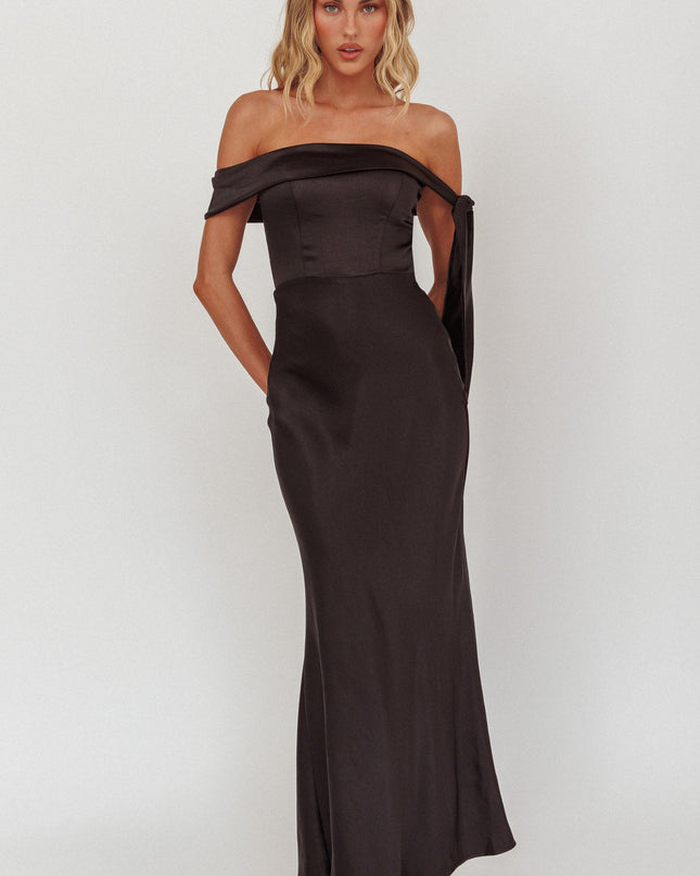 Black Sky Off-Shoulder Tie Maxi Dress Satin
