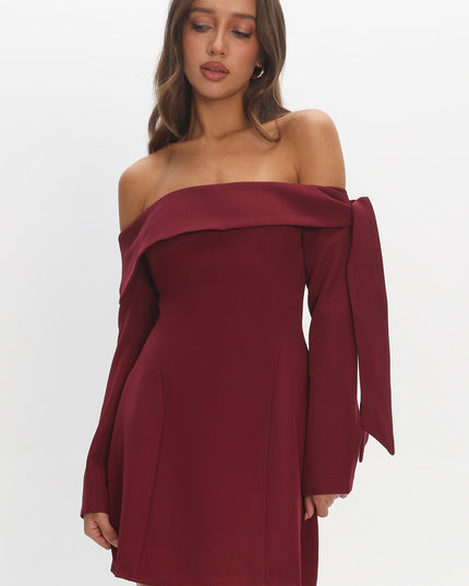 Wine Sky Off-Shoulder Tie Mini Dress
