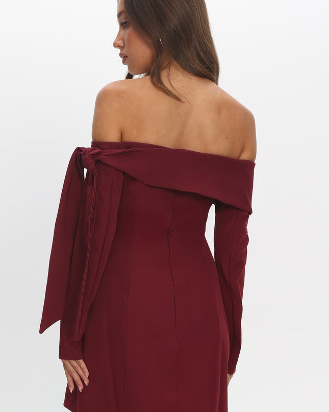 Wine Sky Off-Shoulder Tie Mini Dress